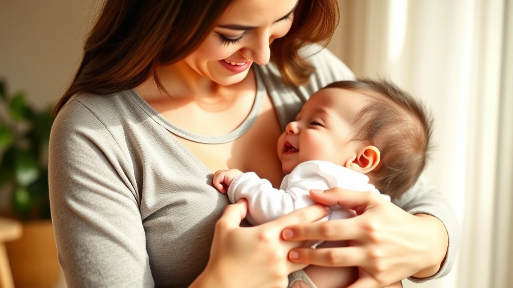 Smiling new mother holding her contented breastfed infant close to her chest in warm natural lighting, showing successful feeding and bonding