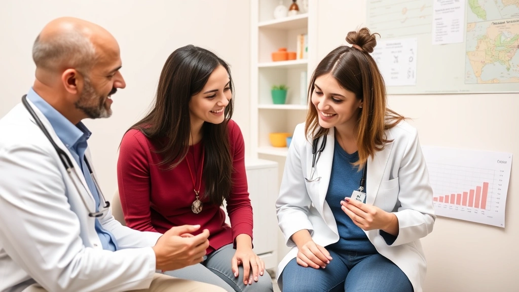 Pediatrician consulting with parents during well-child visit, reviewing growth chart together, supportive conversation about infant development and nutrition