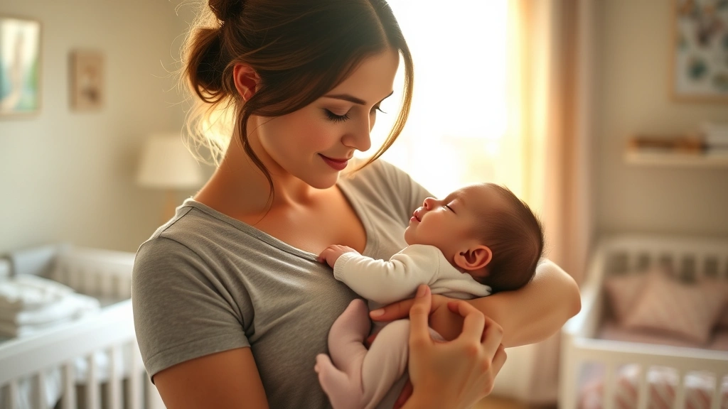 Mother holding sleeping infant against chest in quiet nursery, soft afternoon sunlight through window, peaceful bonding moment, both looking healthy and content
