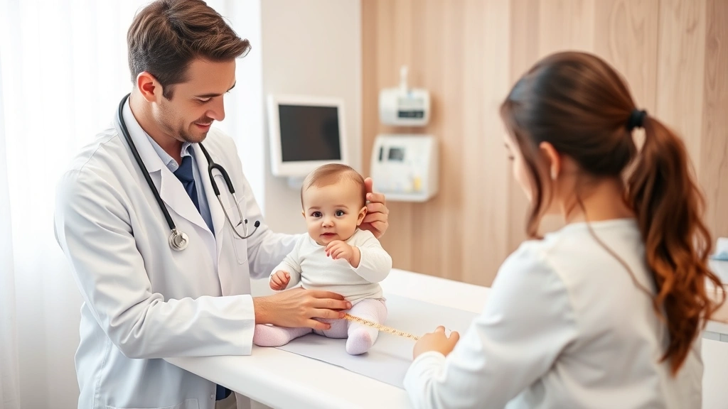 Pediatrician measuring infant's length on examination table during wellness check, healthcare professional in white coat, modern clinical setting, caring and professional environment, photorealistic