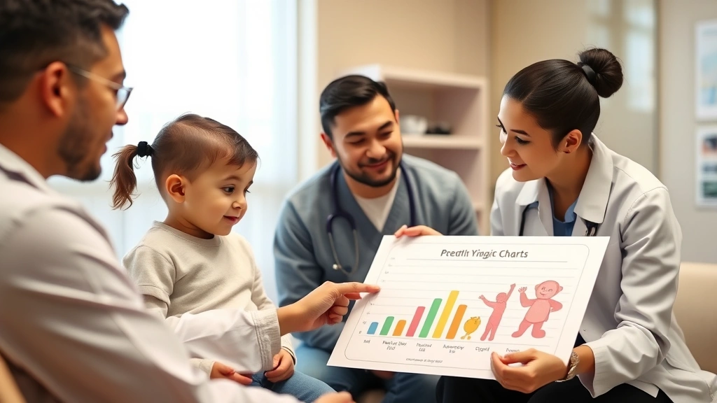 Healthcare provider reviewing infant growth chart with parents during pediatric visit, pointing at developmental progress, collaborative discussion, modern clinic environment with warm tones