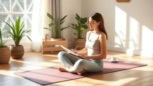 Woman sitting peacefully on a yoga mat in morning sunlight, writing in a journal with a cup of herbal tea nearby, serene home setting with plants, embodying daily affirmation practice and mindfulness