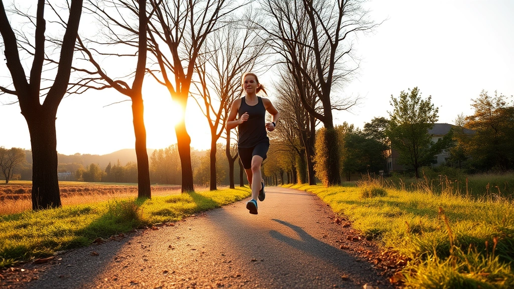 Person jogging outdoors on tree-lined path during golden hour, athletic posture, healthy vitality, natural landscape background, photorealistic