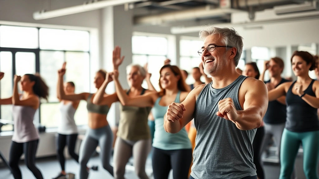 Diverse group of people of various ages exercising together in a bright, modern gym setting, laughing and encouraging each other during strength training, natural lighting, positive energy and community support