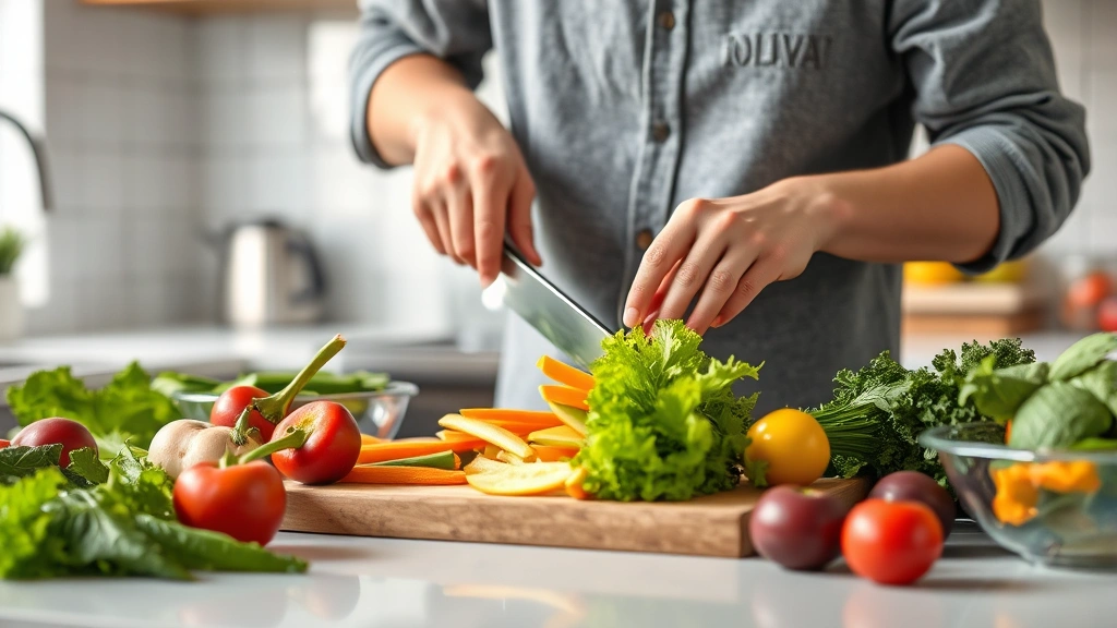 Individual preparing fresh vegetables in modern kitchen, chopping colorful produce, mindful cooking, healthy meal preparation, photorealistic