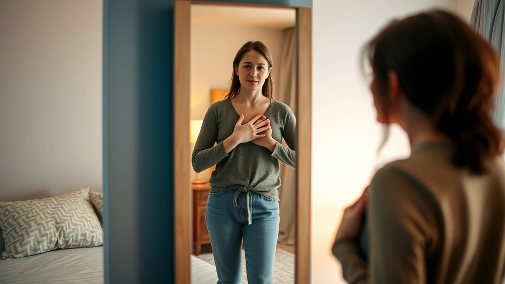 Person standing at a mirror with confident posture, hands on heart, looking at themselves with self-acceptance and determination, soft warm lighting, peaceful bedroom background, representing self-belief and affirmation practice