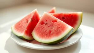 Fresh sliced watermelon pieces on a white ceramic plate, vibrant pink flesh visible, natural daylight, clean kitchen counter, healthy food presentation