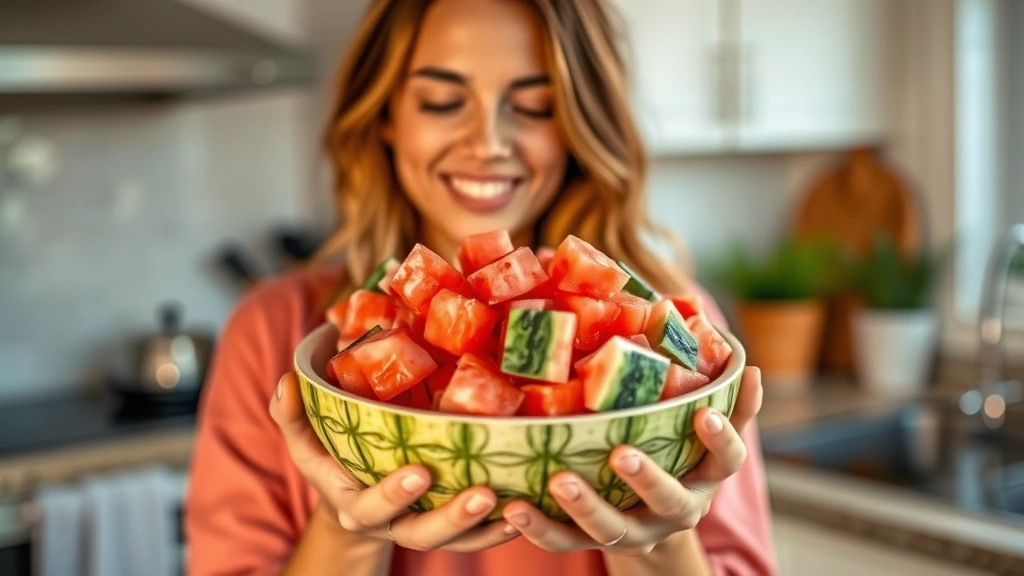 Woman holding a bowl of fresh watermelon cubes in evening kitchen setting, warm lighting, peaceful expression, wellness-focused atmosphere, casual home environment