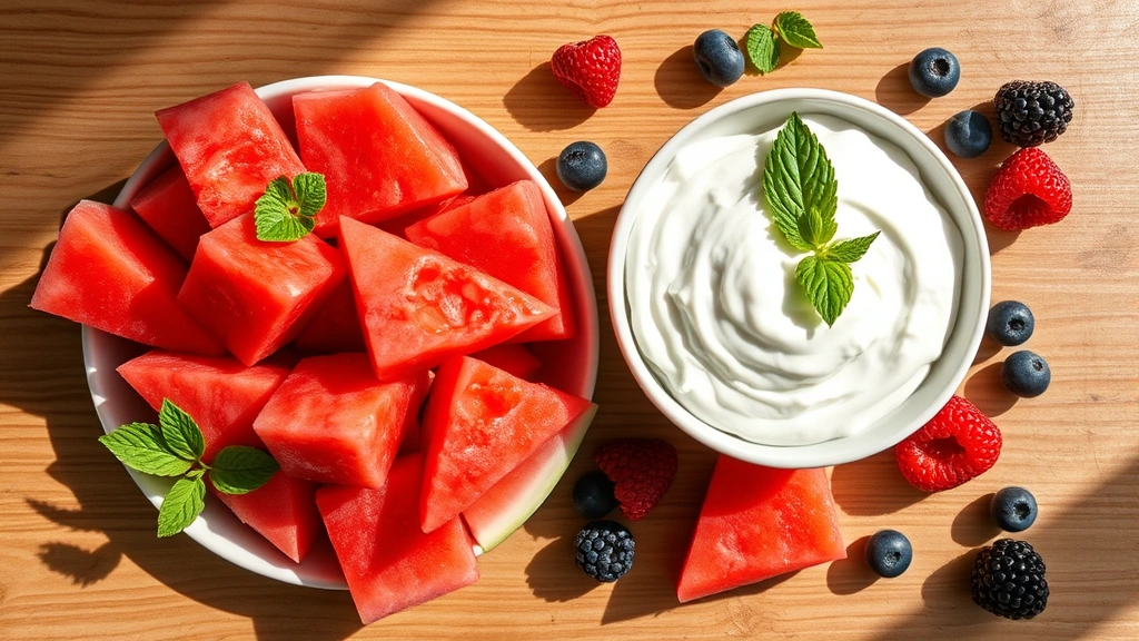 Overhead flat lay of watermelon cubes paired with Greek yogurt in a bowl, fresh berries scattered nearby, wooden table, natural sunlight, balanced healthy snack