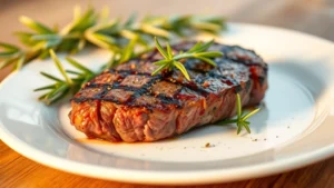 Perfectly grilled sirloin steak with herb seasoning, resting on white plate with fresh rosemary sprigs, warm golden lighting, professional food photography