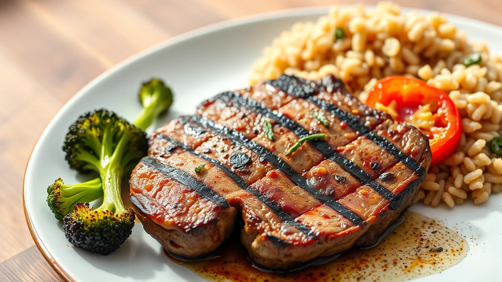 Colorful grilled steak plate with roasted broccoli, bell peppers, and brown rice on the side, bright natural lighting, appetizing presentation, wellness-focused composition