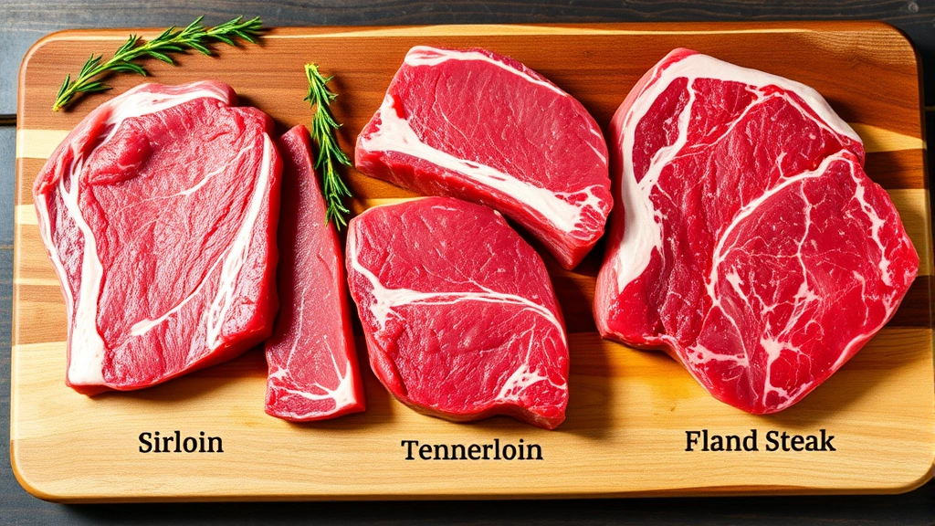 Variety of lean beef cuts displayed on wooden board with lean sirloin, tenderloin, and flank steak labeled, natural lighting showing texture and marbling differences, educational food styling