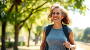 A woman in her 50s with warm brown skin smiling confidently while walking outdoors on a sunny day, wearing comfortable athletic wear, surrounded by green trees and natural light, radiating health and vitality