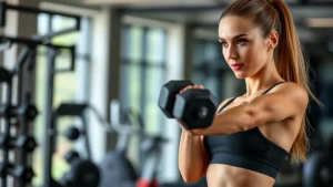 Woman in professional gym setting performing resistance training with dumbbells, focused expression, athletic wear, natural lighting, modern fitness facility background