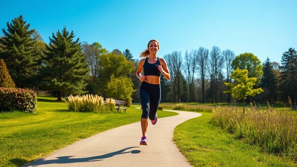 Fit woman jogging outdoors on sunny path through park, athletic wear, natural scenery, energetic movement
