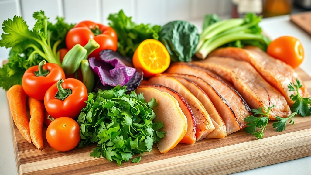 Colorful fresh vegetables and lean proteins arranged on wooden cutting board with herbs, natural kitchen lighting, vibrant greens and oranges, health-focused food preparation scene
