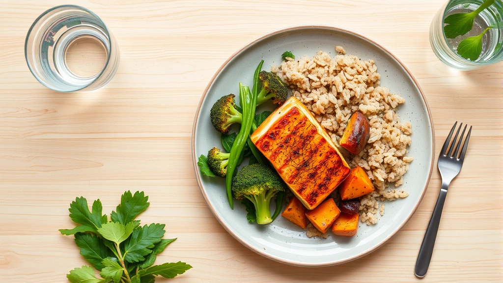 An overhead view of a colorful plate with grilled salmon, roasted vegetables including broccoli and sweet potato, fresh greens, and whole grain rice, on a light wooden table with water glass nearby
