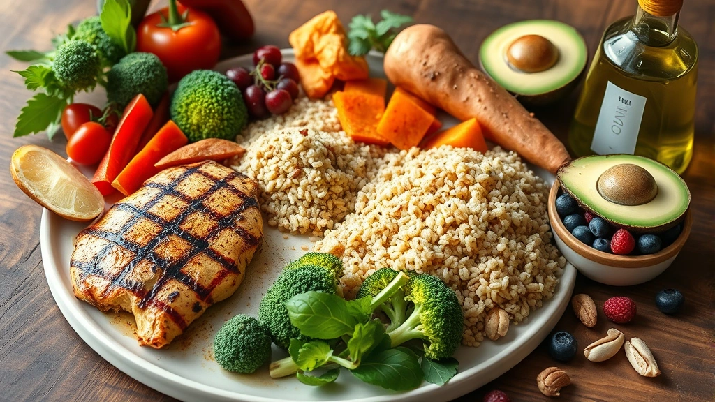 Colorful array of fresh whole foods on wooden table: grilled chicken breast, quinoa, broccoli, sweet potato, avocado, nuts, berries, olive oil bottle, bright natural daylight