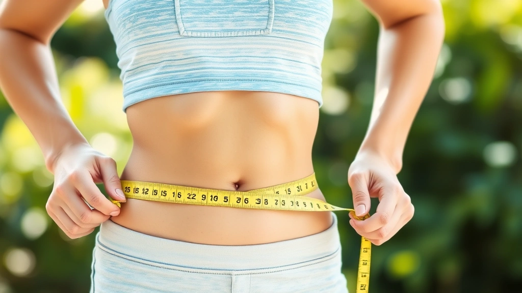 Woman measuring waist with measuring tape, smiling, bright natural light, wellness and progress tracking, healthy lifestyle