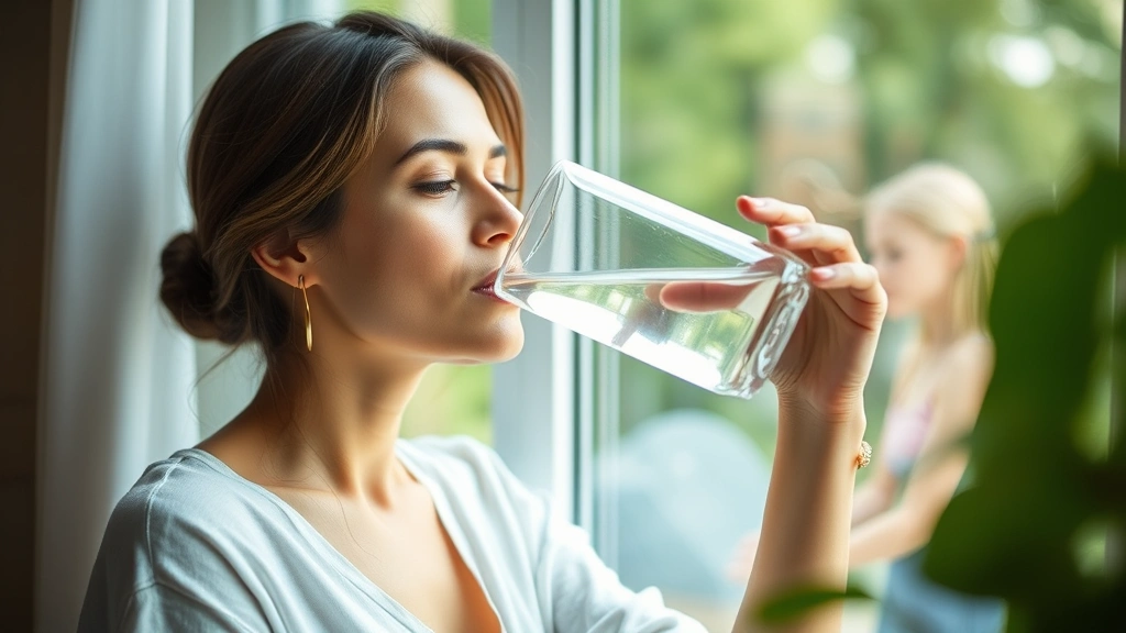 Woman drinking water from glass by window, natural daylight, peaceful expression, healthy hydration moment, wellness lifestyle photography with soft focus background
