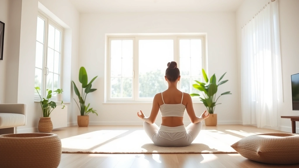 A peaceful woman sitting cross-legged in a bright, minimalist living room practicing meditation or yoga, sunlight streaming through large windows, with plants visible, embodying calm and mental wellness