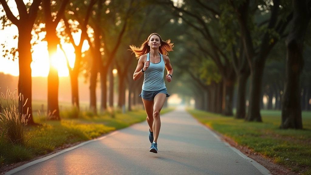 Woman jogging on tree-lined path at sunrise, athletic build, energetic stride, peaceful natural setting, morning light, healthy glow, outdoor fitness