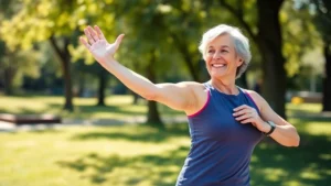 A healthy middle-aged woman in bright athletic wear stretching outdoors in a sunny park, smiling with confidence and vitality, showcasing wellness and fitness lifestyle