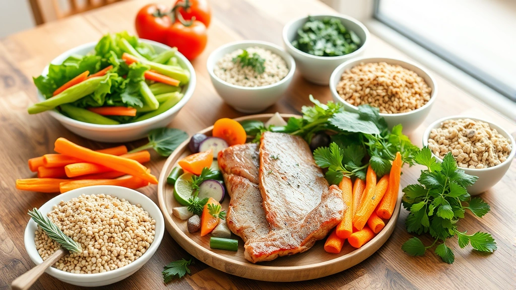A nutritious meal spread on a wooden table featuring colorful vegetables, lean protein, whole grains, and fresh herbs in natural daylight, emphasizing healthy eating