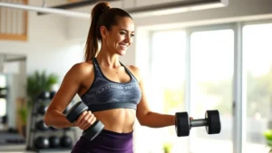 Fit woman in athletic wear doing strength training with dumbbells in bright, modern home gym with natural light streaming through windows, smiling confidently