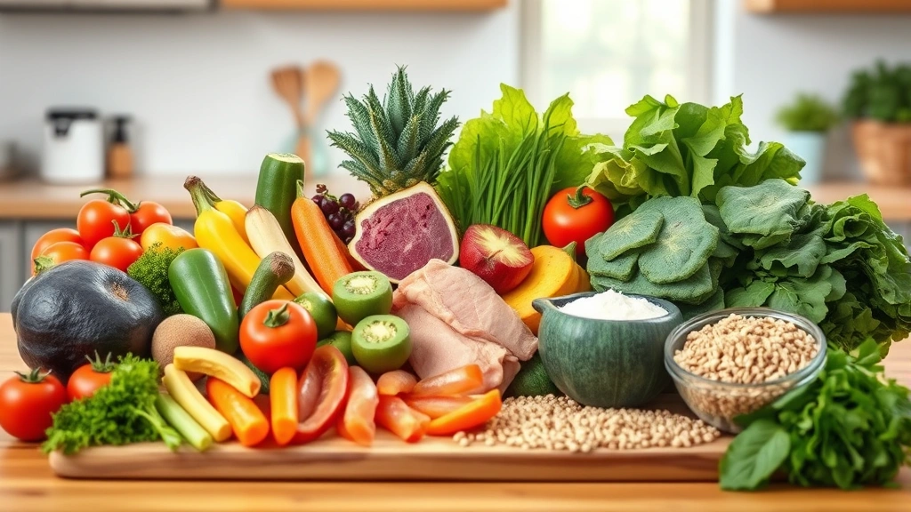 Colorful array of fresh vegetables, lean proteins, and whole grains arranged on wooden cutting board in bright kitchen, emphasizing whole food nutrition