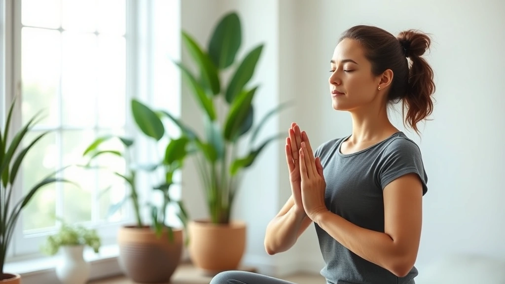Woman practicing yoga or meditation in serene wellness space with plants and soft natural lighting, representing mental health and stress management