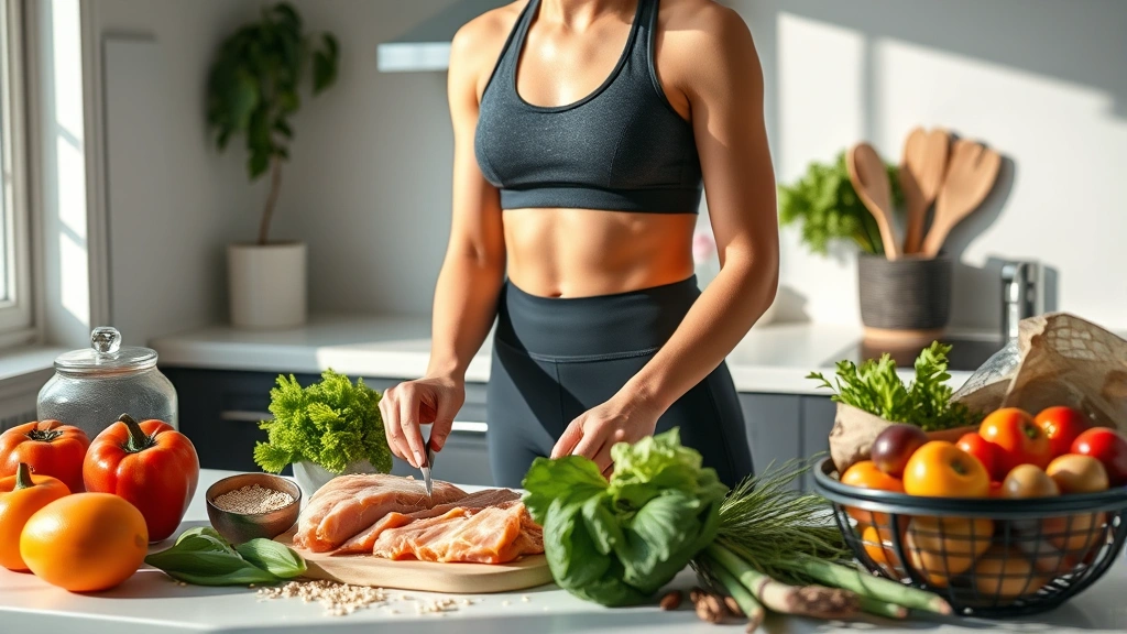 A fit woman in athletic wear preparing healthy meal ingredients including lean proteins, colorful vegetables, and whole grains on a clean kitchen counter with natural lighting