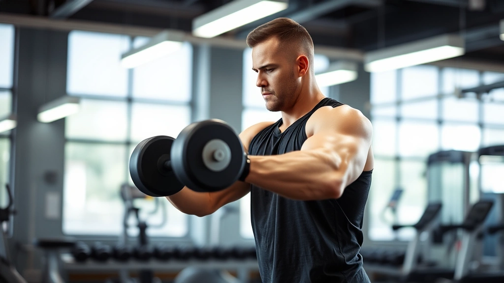 A person performing resistance training with dumbbells in a bright gym setting, demonstrating proper form and strength building exercise