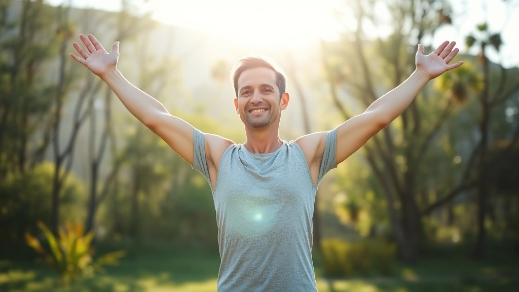 A healthy adult stretching outdoors in morning sunlight with trees and natural scenery in background, showing wellness and lifestyle wellness practices
