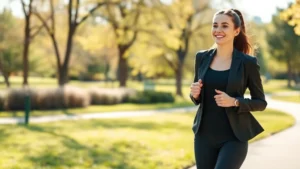 Professional woman in business attire jogging in a sunny park, athletic wear, energetic expression, morning sunlight, natural background, healthy vitality