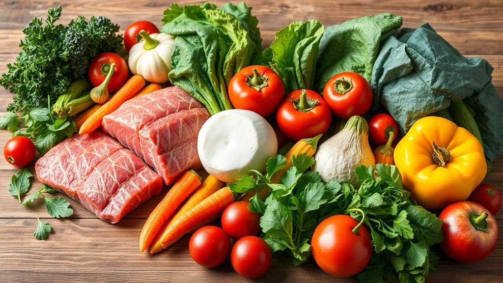 Colorful array of fresh vegetables, fruits, lean proteins on wooden surface, vibrant greens and reds, professional food photography, natural lighting, wellness focused