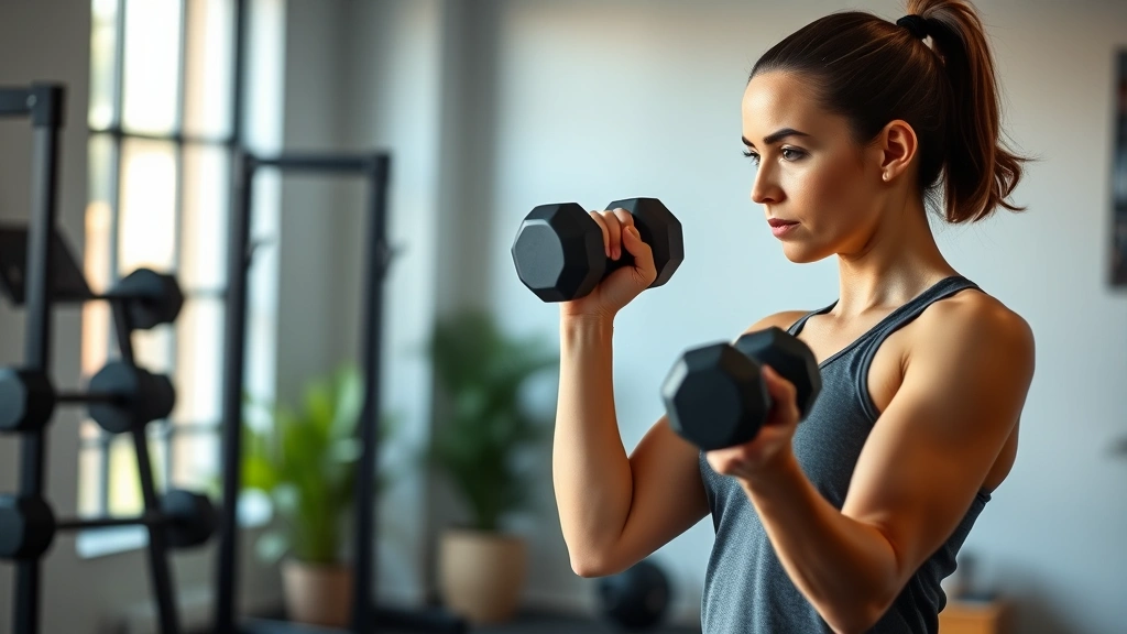 Woman doing strength training with dumbbells in modern home gym, focused expression, proper form, natural window lighting, confident posture, health-oriented