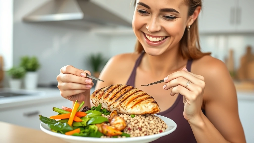 Woman enjoying a healthy meal with grilled chicken, colorful vegetables, and whole grains on a white plate, bright kitchen background, natural lighting, fit and healthy appearance, smiling