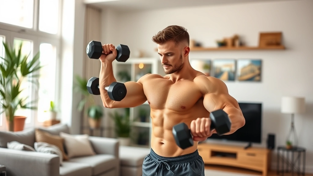 Person doing home workout exercises with dumbbells in a bright living room, showing strength training in progress, fit physique, motivational home gym setup