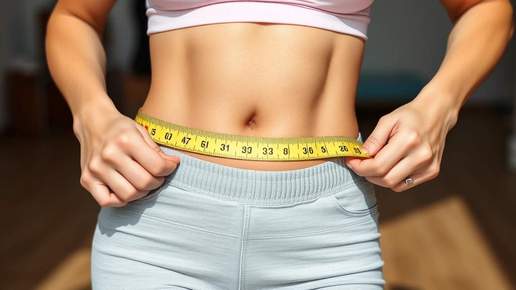 Woman measuring waist with measuring tape, showing progress and body transformation results, health and wellness focus, positive expression, natural lighting