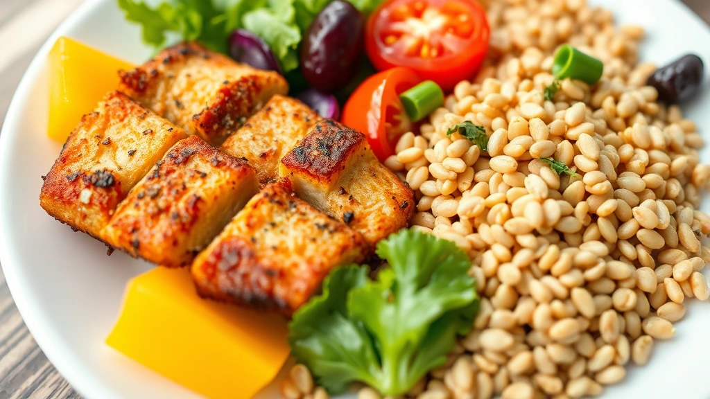 Close-up of colorful, balanced meal with lean protein, fresh vegetables, and whole grains on a white plate in natural daylight