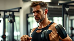 Athletic middle-aged man in gym setting with dumbbells and resistance equipment, focused expression during strength training workout, natural lighting
