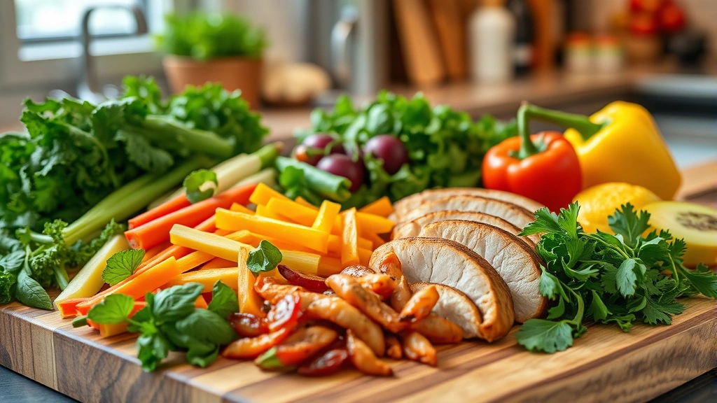 Colorful fresh vegetables and lean proteins arranged on wooden cutting board, Mediterranean-style healthy food preparation scene, warm kitchen lighting