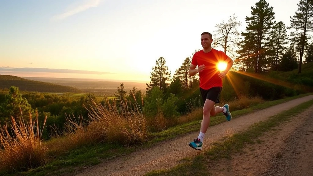 Person jogging on scenic outdoor trail during golden hour, confident posture and athletic form, natural landscape background with trees and sky