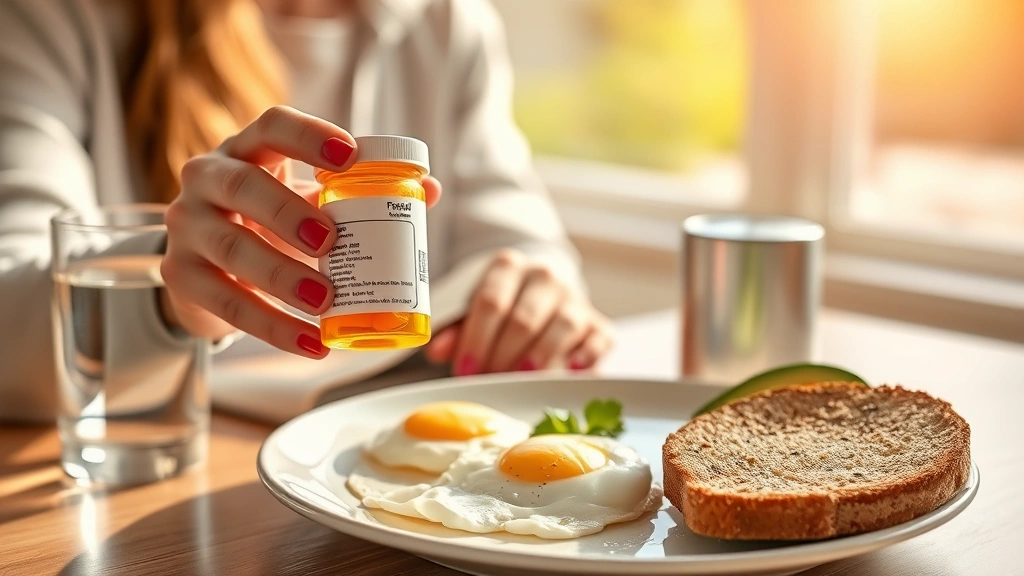 Person holding prescription bottle labeled with medication, sitting at table with glass of water and healthy breakfast including eggs, avocado, and whole grain toast in warm morning sunlight