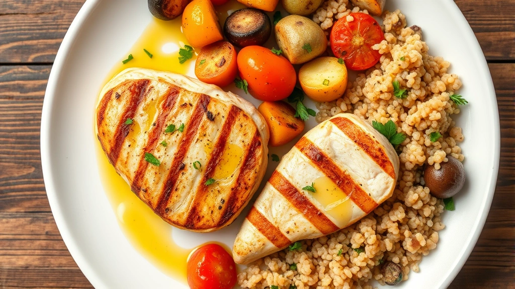 Overhead view of colorful Mediterranean-style meal with grilled chicken breast, roasted vegetables, quinoa, and olive oil drizzle on white plate, fresh herbs garnish