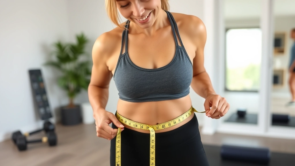 Woman checking fitness progress by measuring waist with tape measure, smiling in home gym environment with dumbbells and exercise mat visible