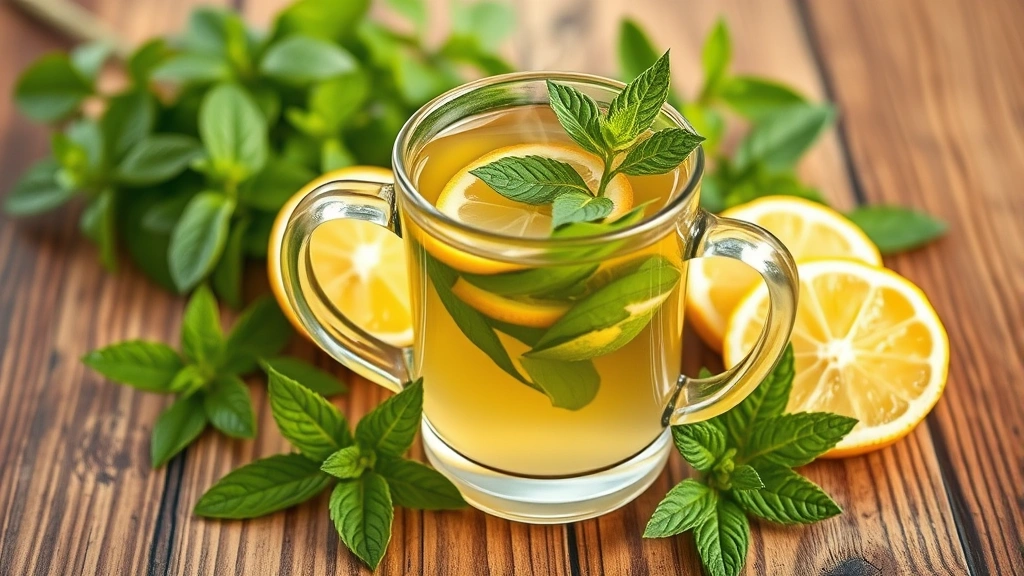 A steaming cup of fresh lemon balm herbal tea in a clear glass mug, surrounded by vibrant green lemon balm leaves and fresh lemon slices on a wellness-focused wooden surface with soft natural lighting