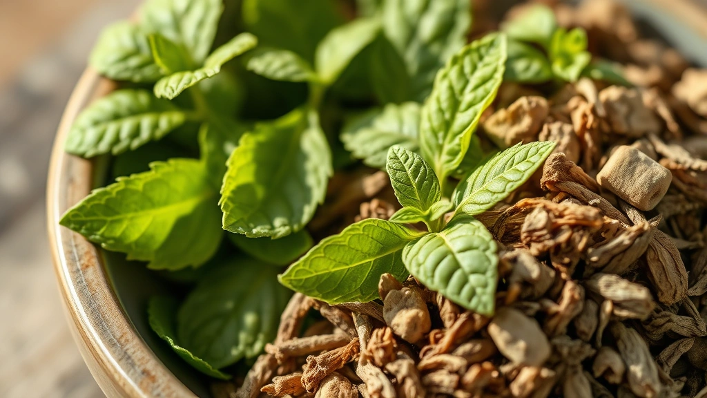 Close-up of fresh green lemon balm leaves and dried lemon balm in a ceramic bowl, showing the herb's natural texture and color, with warm diffused sunlight highlighting the botanical details