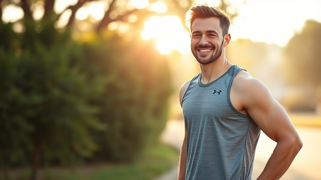 Fit man in casual workout attire smiling outdoors, morning light, healthy confidence, no text visible